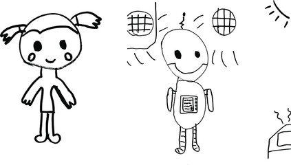 children's drawing of a doll and its robot mate  © photoidea