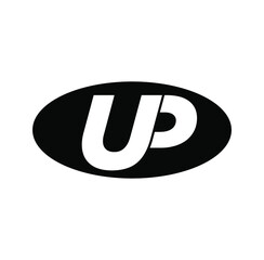 UP brand name initial letters monogram. UP on black oval icon.