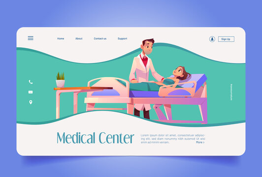 Medical Center Banner With Doctor And Patient In Hospital Ward. Vector Landing Page Of Health Clinic With Cartoon Illustration Of Sick Woman On Adjustable Bed And Man Physician