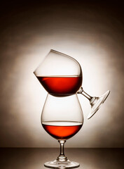 Very old whiskey is bottled in two glasses. With a beautiful gradient.