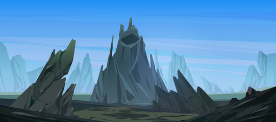 Mountain landscape with dormant volcano. Vector cartoon illustration of nature scene with rocks, cliffs, extinct volcano with crater and cover of frozen lava, solidified magma flows © klyaksun