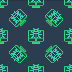 Line System bug on monitor icon isolated seamless pattern on blue background. Code bug concept. Bug in the system. Bug searching. Vector