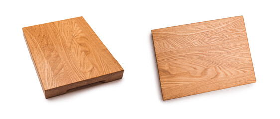 Cutting board on a white background, isolated. Oak kitchen block. Top view and side view. Traditional, wooden with a nice texture.