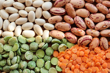 Variety of beans and legumes including red lentils, brown lentils, red speckled beans and haricot beans