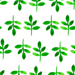 Seamless spring pattern of watercolor green twigs with leaves