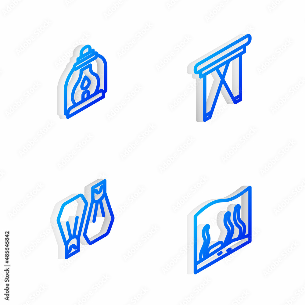 Sticker set isometric line folding chair, camping lantern, rubber flippers for swimming and aquarium icon. v