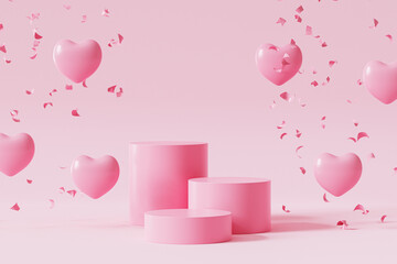 Valentines day pink podium or pedestal for products or advertising with heart shaped balloons and confetti, 3d render