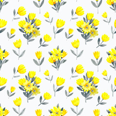 Yellow flowers and small bouquets on a white background. Watercolor illustration . Seamless pattern.