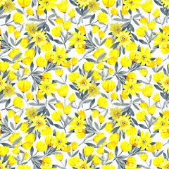 Yellow flowers and small bouquets on a white background. Watercolor illustration . Seamless pattern.