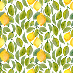 Large juicy lemons on a white background . Bright green leaves and twigs. Watercolor illustration on a white background, seamless pattern.