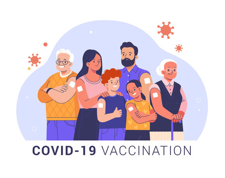 COVID-19 Family Vaccination concept. Vector cartoon illustration of a group of different ages people: adults, the elderly, and children with an adhesive plaster on their shoulder after vaccination