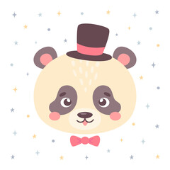 Cute panda in a hat in hand-drawn cartoon style. Funny character for cards, children T-shirt, poster, invitation, gift tag. Vector illustration isolated on a white background