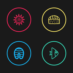 Set line Fish steak, , Sushi and Sea urchin icon. Vector