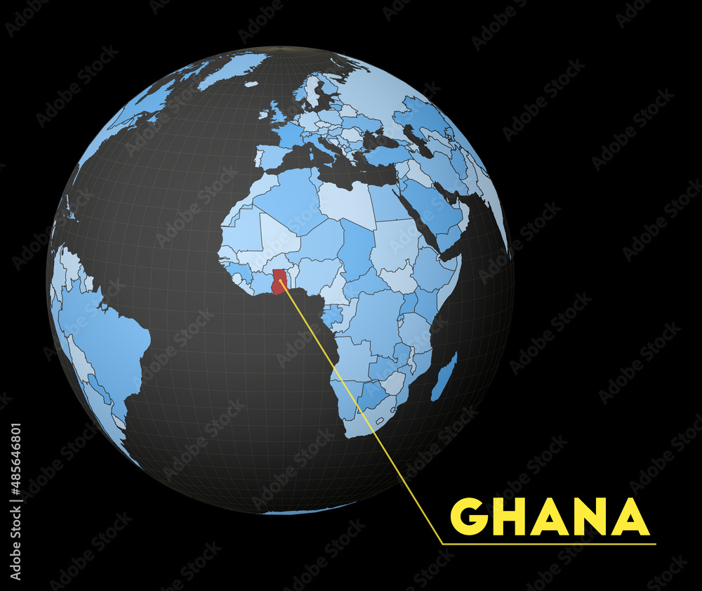 Poster ghana highlighted on a dark globe with a blue world map. a satellite view centered on ghana with the
