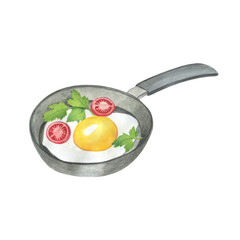pan with fried eggs, cherry tomatoes and parsley leaves