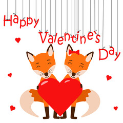 Adorable couple of foxes for Valentine's day with a big red heart. Greeting card. Poster. Vector illustration isolated on white background.