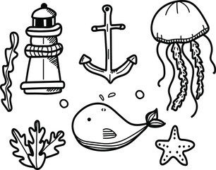 Vector hand doodle sea set.vector image of lighthouse, jellyfish, starfish and algae.