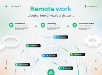 Remote work structure. Illustration in the form of infographics, the interaction of people with each other from different parts of the world. Advantages of working remotely. UI vector template. EPS 10