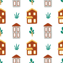 Vector seamless pattern with small cartoon houses in red and colors and plants on white background. Cute illustration for wallpaper, wrapping paper, background, fabric, textile