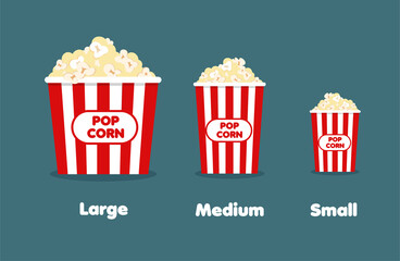 Small, medium and large popcorn in classic striped red white cardboard box in cartoon style for cinema poster. Different sizes junk food menu. Vector Illustration.	