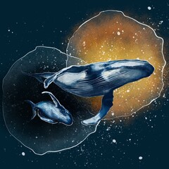Watercolor humpback whale. Hand drawn whale. Space magic whale.