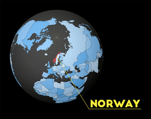 Norway on dark globe with blue world map. Red country highlighted. Satellite world view centered to Norway with country name. Vector Illustration.