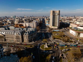 Aerial view of a city downtown on a sunny day