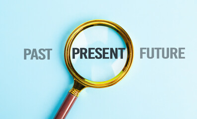 Present wording inside of Magnifier glass on blue background for focus current situation , positive...