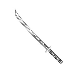 Katana Sword Black and White Icon in Outline Style on a White Background Suitable for Military, Samurai, Weapon Icon. Isolated