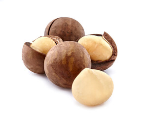 Macadamia nuts in closeup isolated on white background.