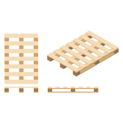 Wooden pallet. Top, front and side view, isometric view. 3D Render. Vector illustration.