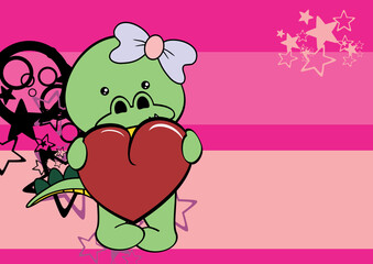 valentine background with cute crocodile girl character cartoon holding love red heart illustration in vector fomat