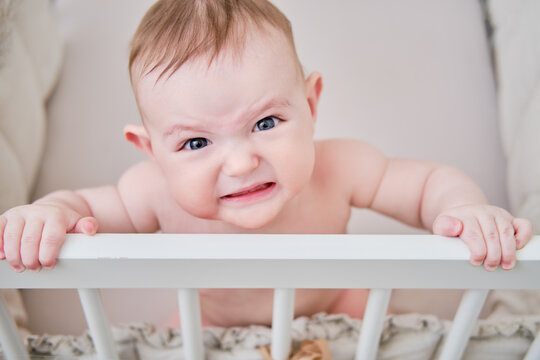 Angry baby is crying in a crib, holding onto the handrails. Funny child in bed, age six months