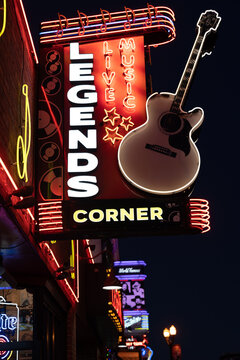 Nashville, Tennessee - January 10, 2022: Neon Sign For Legends Corner On Lower Broadway, Featuring Live Music