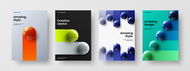 Minimalistic annual report vector design template set. Simple 3D balls poster layout collection.