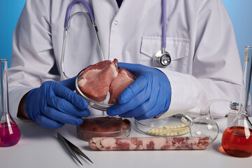 Vet doctor demonstrates fake meat in petri dish. Photo from food safety control laboratory. Lab...