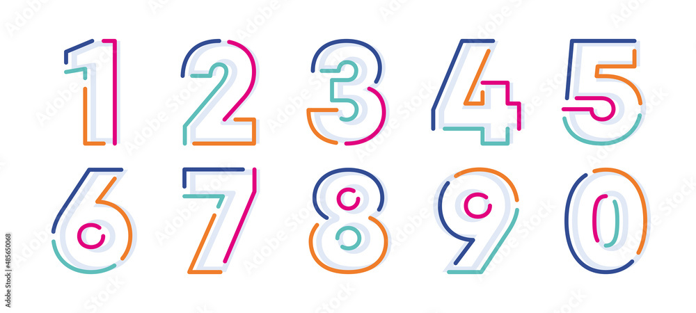 Wall mural abstract numbers, colorful linear set. modern numeric lines with new pop art colors. font number tem