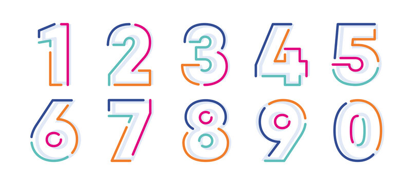 Abstract numbers, colorful linear set. Modern numeric lines with new pop art colors. Font number template. Set thin line clean style to design.