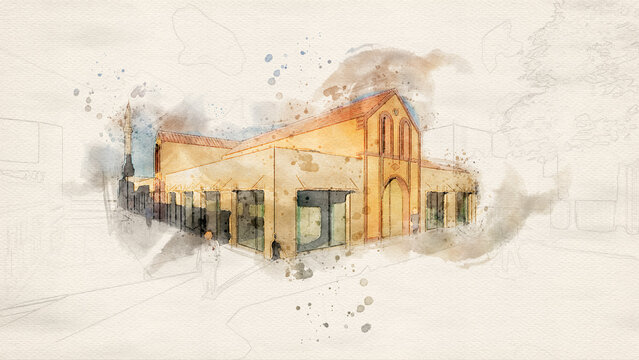 Historical building design. Architectural project rendering. Bedesten drawing and watercolor effect. Creative building productions in the architectural office.