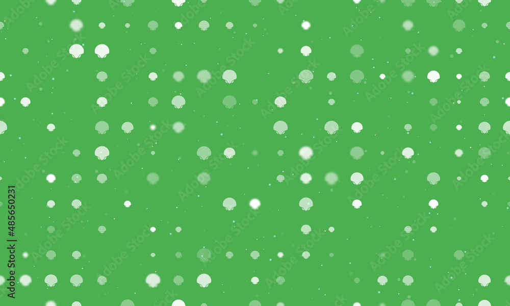 Poster seamless background pattern of evenly spaced white sea shell symbols of different sizes and opacity.