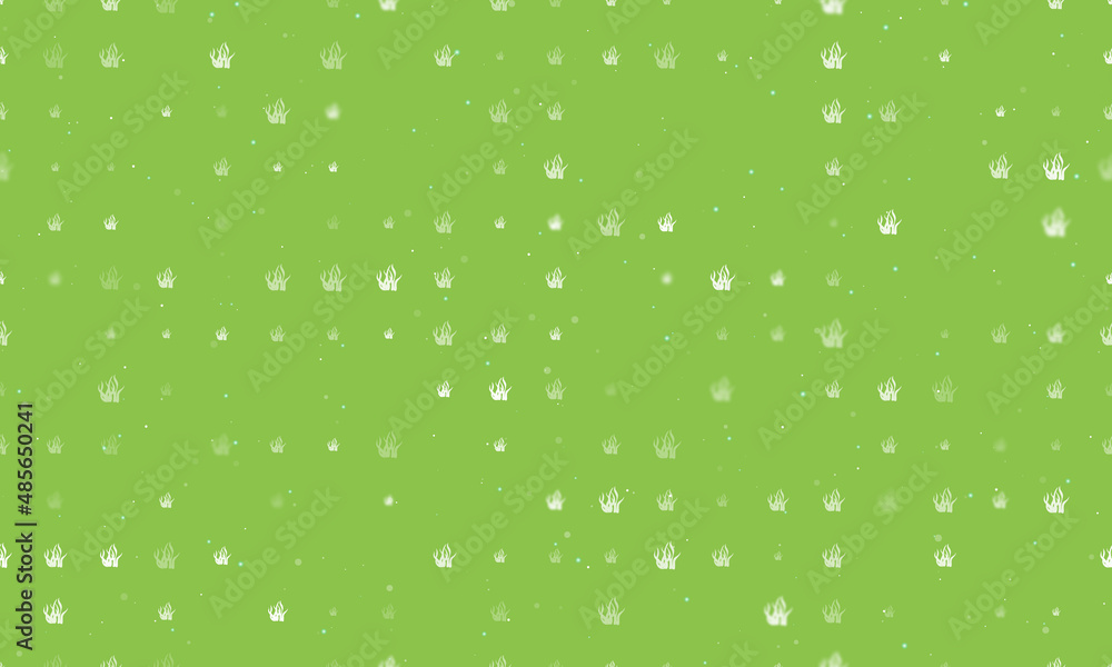 Poster seamless background pattern of evenly spaced white seaweed symbols of different sizes and opacity. v