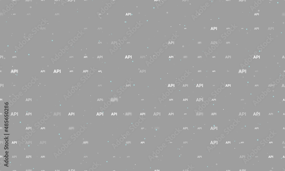 Poster seamless background pattern of evenly spaced white api symbols of different sizes and opacity. vecto