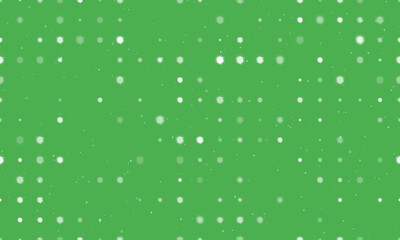 Seamless background pattern of evenly spaced white sea urchin symbols of different sizes and opacity. Vector illustration on green background with stars