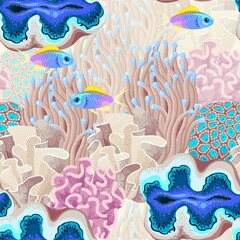 Vector seamless tropical pattern with coral reef - 485650499