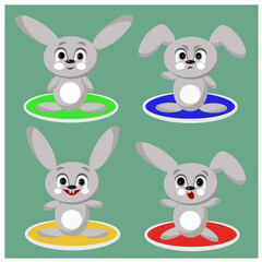 A set of illustrations of vector hare icons in different moods. The hare is kind, angry, cheerful and scared.