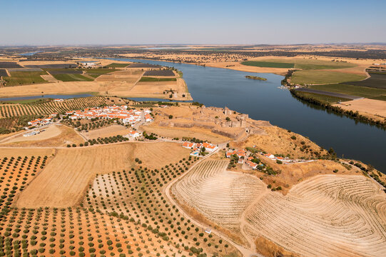 Aerial view of Guadiana river, the border between Spain and Portugal near Elvas, Portugal.