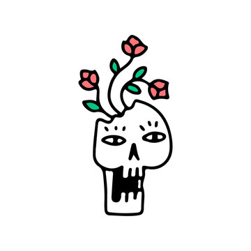 Broken skull head with flowers, illustration for t-shirt, sticker, or apparel merchandise. With pop art cartoon style.