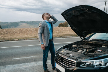 Elegant middle age business man trying to fix car breakdown or engine failure and waiting for...