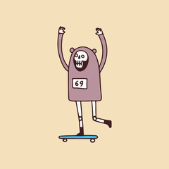 Cute skull wearing bear costume and riding skateboard, illustration for t-shirt, sticker, or apparel merchandise. With retro cartoon style.