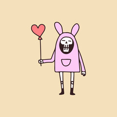 Funny skull wearing bunny costume ang holding love balloon, illustration for t-shirt, sticker, or apparel merchandise. With retro cartoon style.